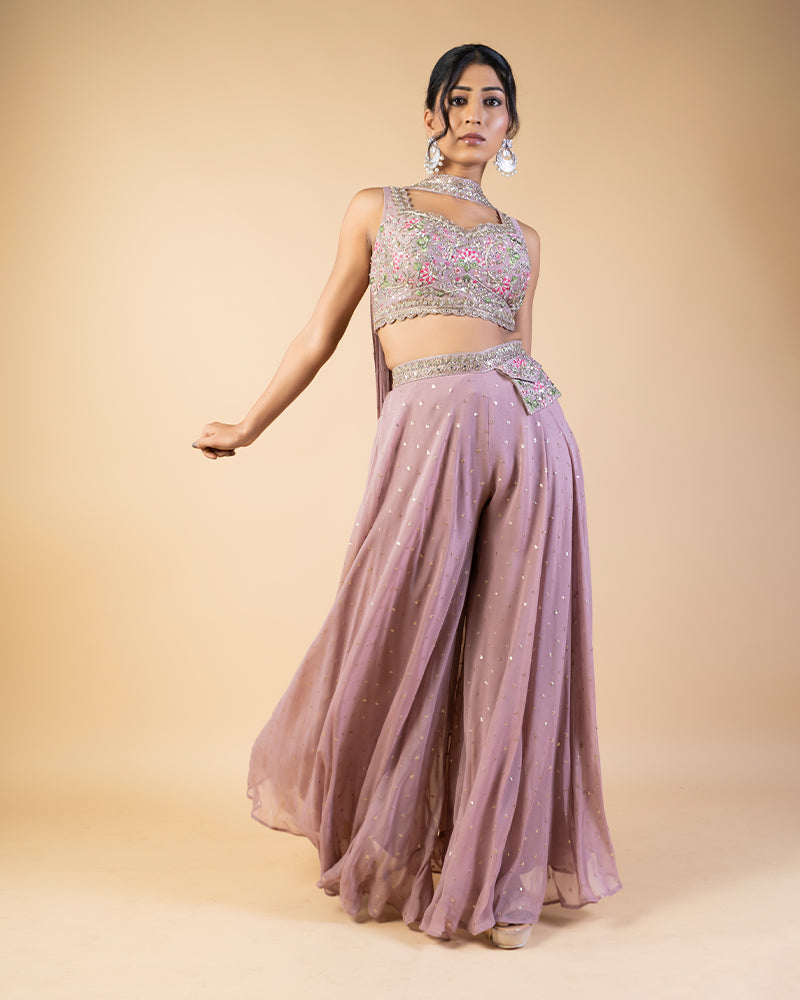 Light Mauve Embroidered Crop Top Palazzo with Pocket on Waistline