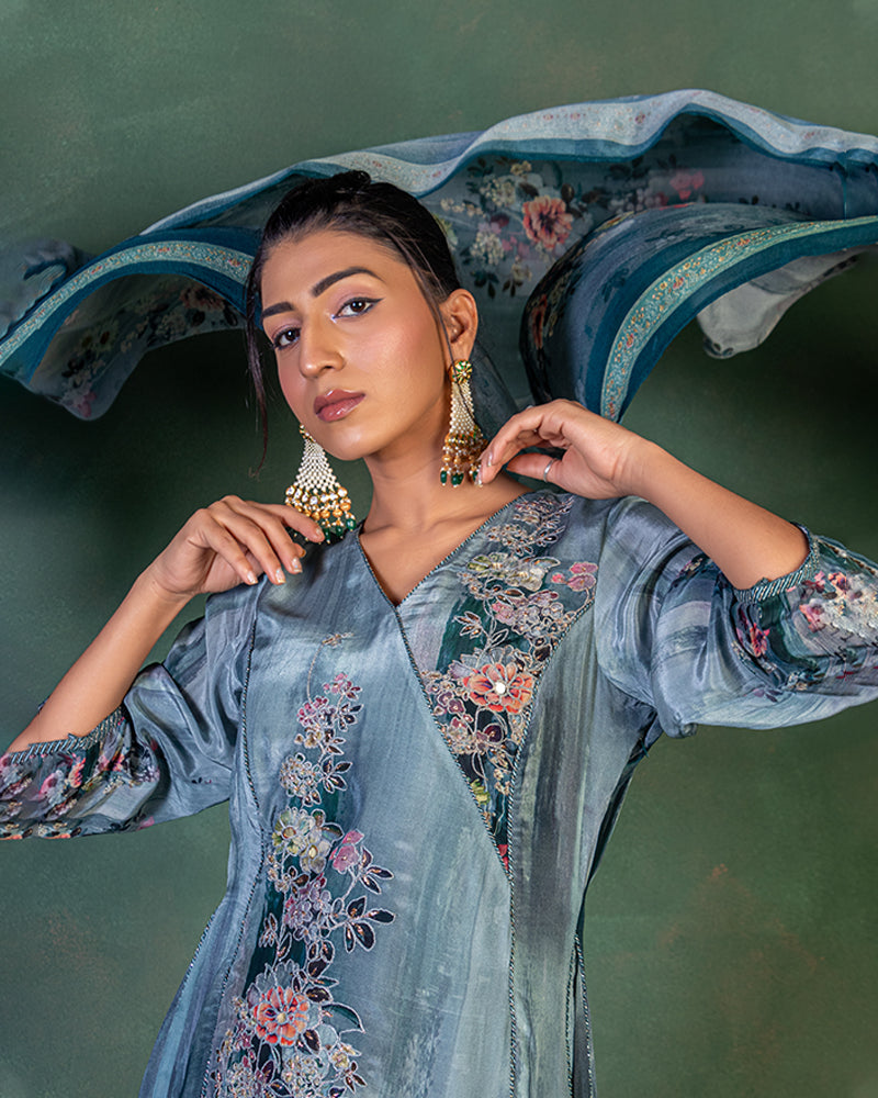Teal Blue Floral Embroidered Short Kurti With Skirt