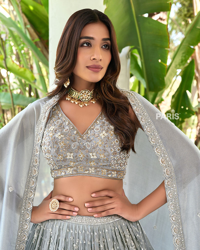 Light Grey Embroidery Embellished Lehenga Choli with Dupatta