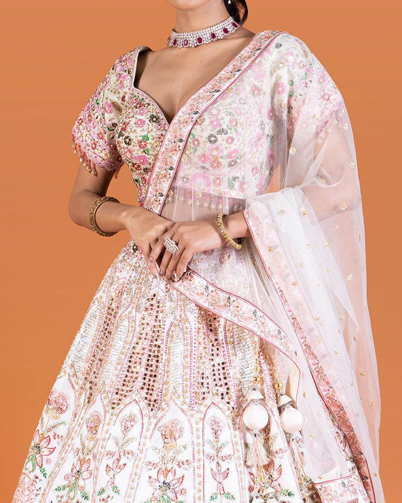 Cream Embroidered Embellished Lehenga Choli with Dupatta