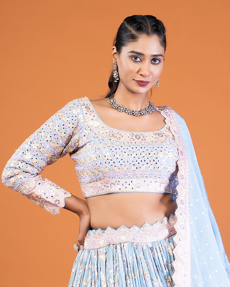 Light Blue Embroidered Lehenga Choli with Dupatta