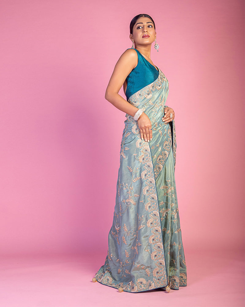 Powder Blue Party wear Saree with Unstitched Blouse