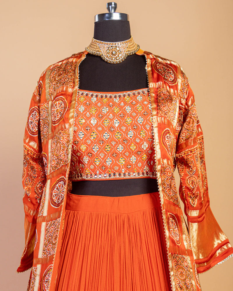 Orange Embroidered CropTop Skirt And Jacket