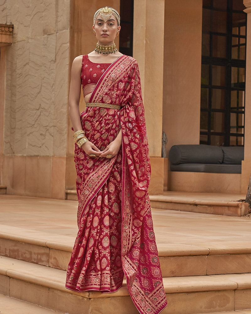 Red Silk Pure Georgette Saree with Unstitched Blouse
