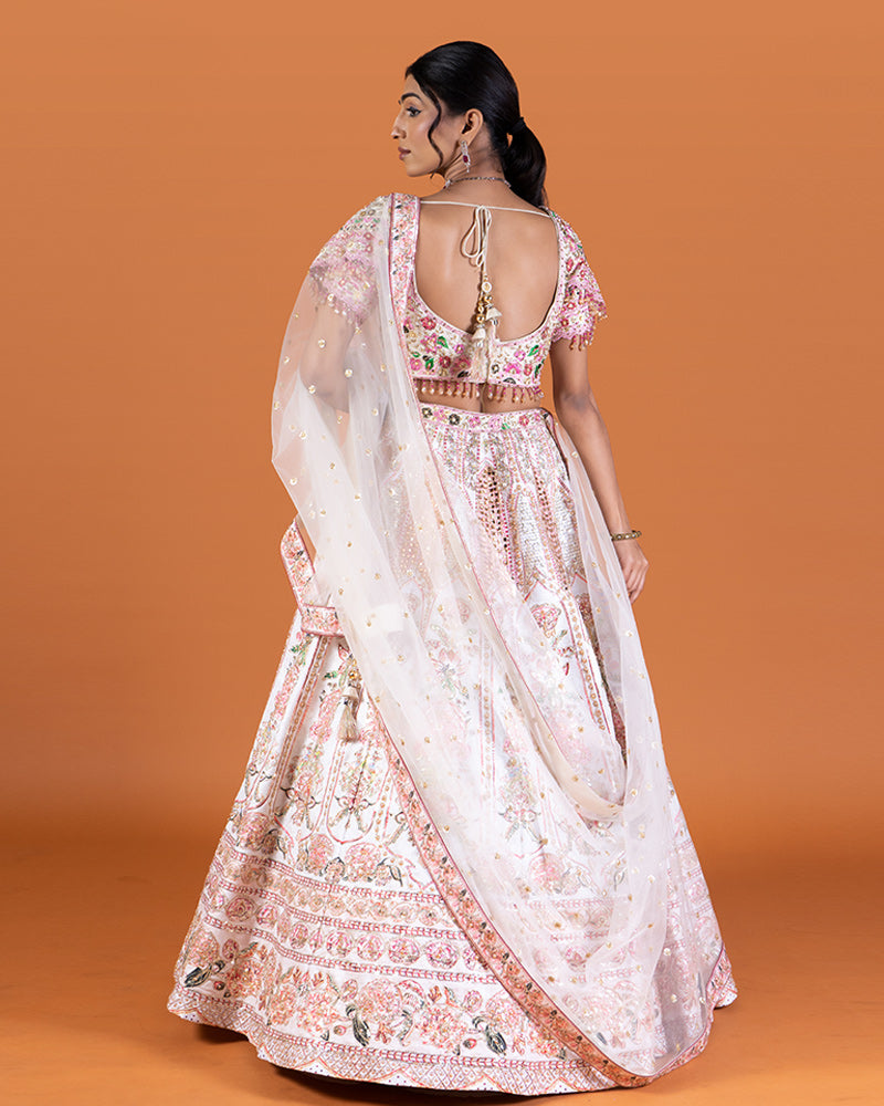 Cream Embroidered Embellished Lehenga Choli with Dupatta