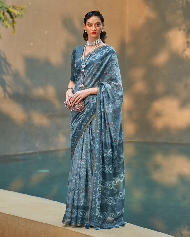 Blue Printed Chiffon Saree With Madhubani Print Pallu and Unstitched Blouse Piece