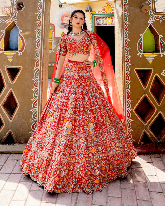 Candy Red Floral Embroidered Bridal Lehenga Choli With Dupatta
