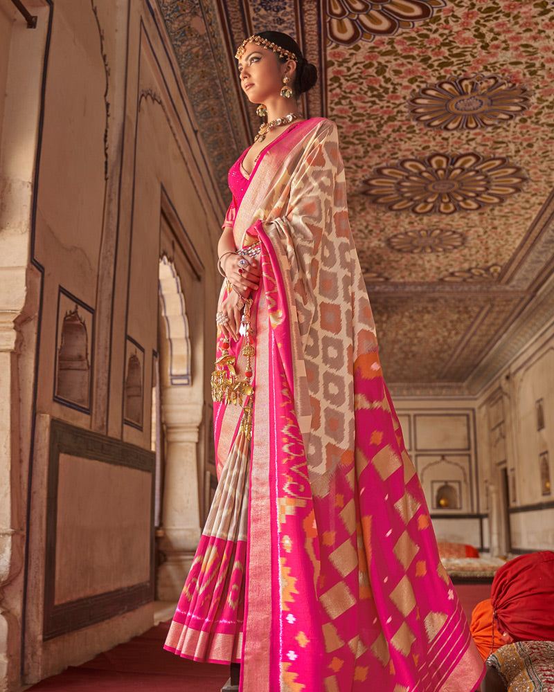 Pink Ikat Pure Patola Printed Silk Saree With Contrast Pallu