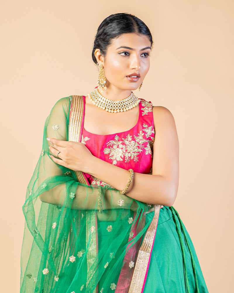 Persian Green Lehenga Set With Embroidered Blouse And Dupatta