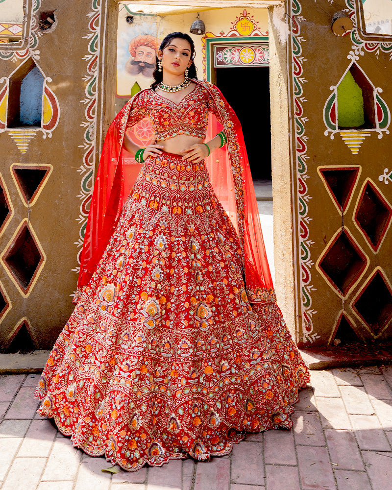 Candy Red Floral Embroidered Bridal Lehenga Choli With Dupatta