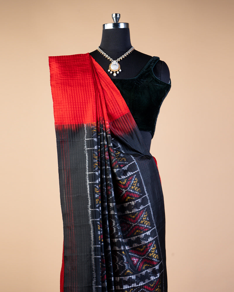 Red Silk Saree With Black Ikat Weave Printed Pallu