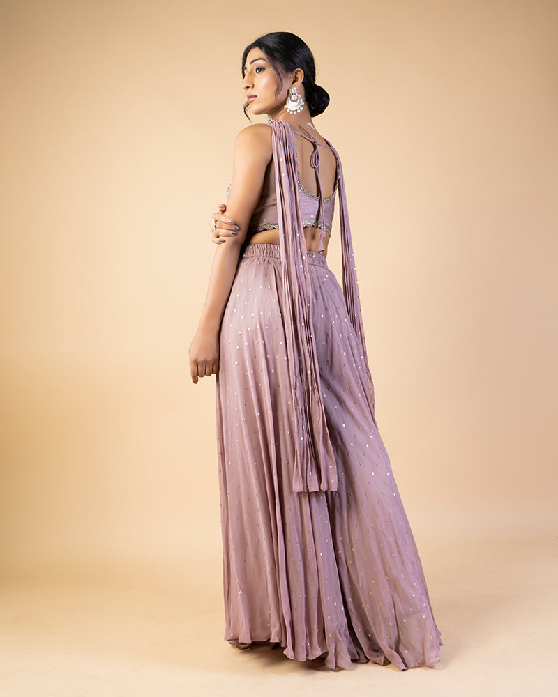 Light Mauve Embroidered Crop Top Palazzo with Pocket on Waistline