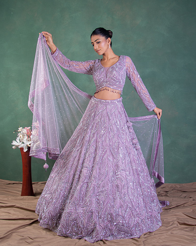 Lavender net lehenga choli for bride