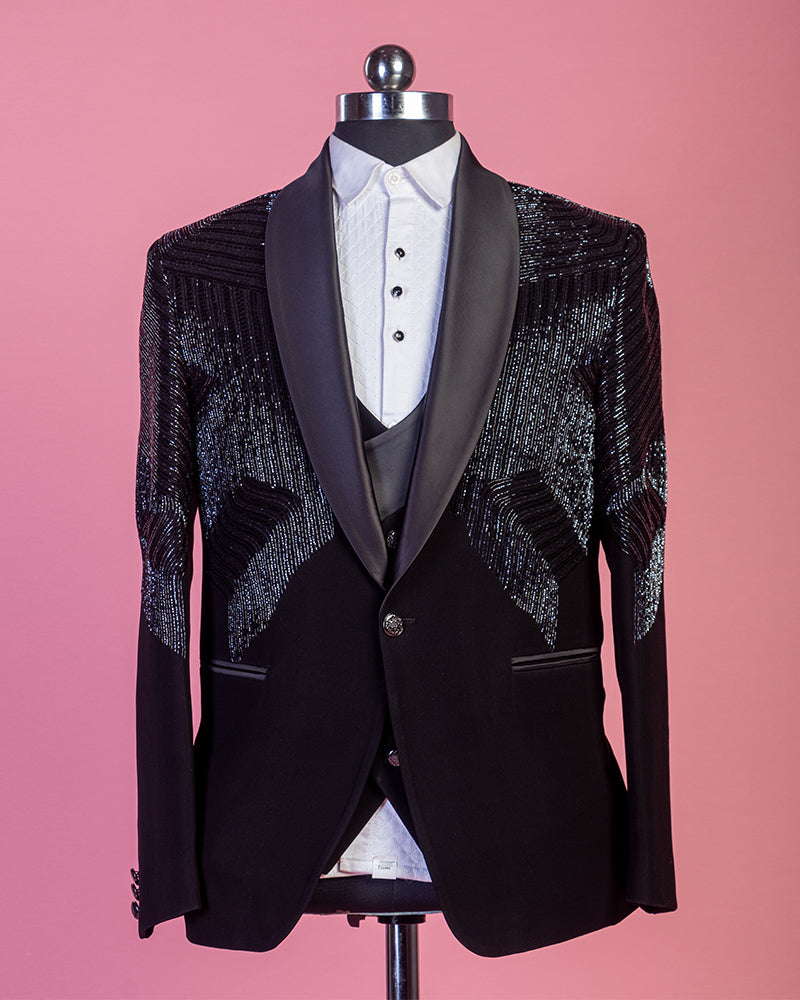 Black Velvet Embroidered Tuxedo Suit