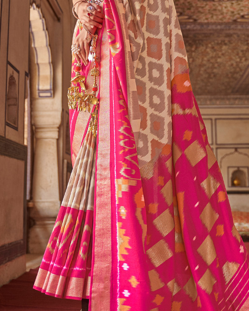 Pink Ikat Pure Patola Printed Silk Saree With Contrast Pallu