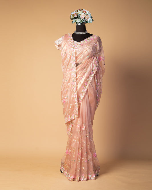 Rose Gold Embroidered Organza saree with unstitched blouse