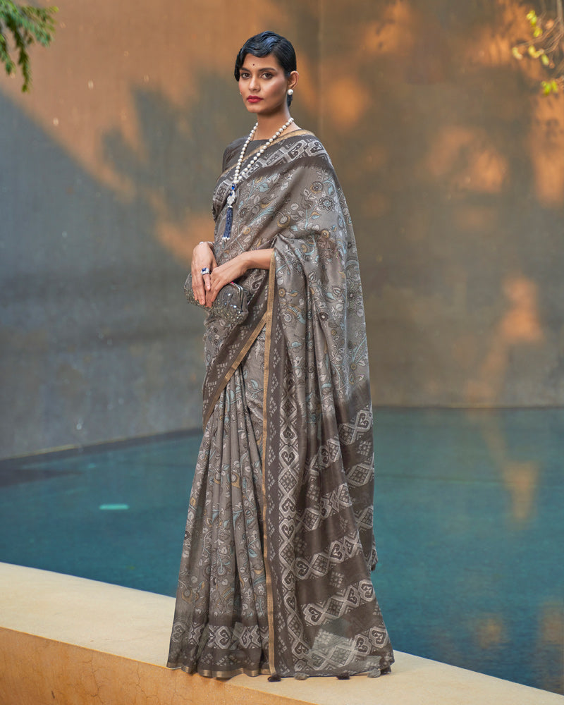 Natural Grey Printed Chiffon Saree With Unstitched Blouse Piece