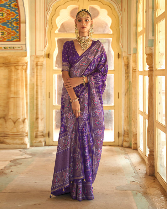 Deep Violet Elephants and Bird Printed Gharchola Saree With Unstitched Blouse