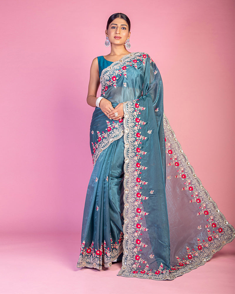 Sky Blue Party wear Saree with Unstitched Blouse