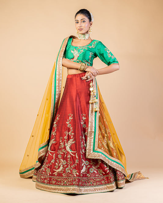 Persian Green Lehenga Set With Embroidered Blouse And Dupatta