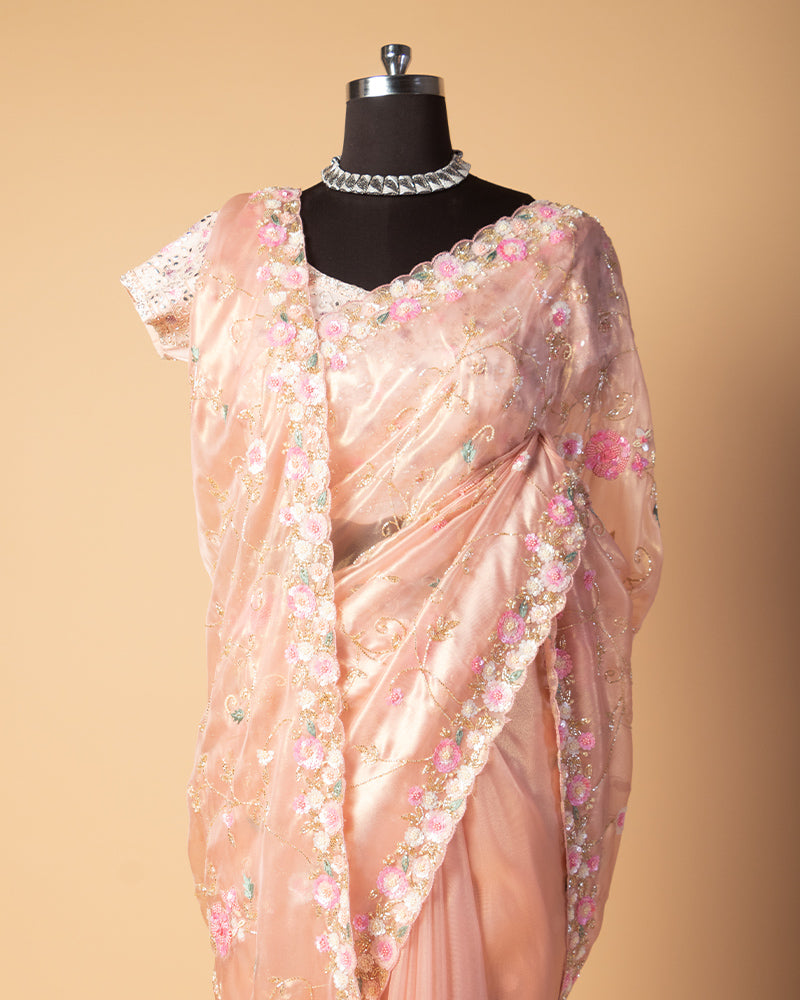 Rose Gold Embroidered Organza saree with unstitched blouse