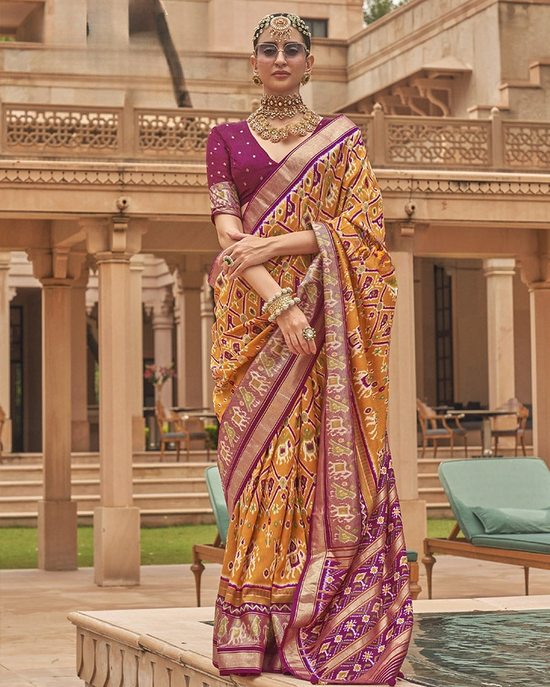 Ikkat Patola Pure Cotton Silk saree in Yellow with Unstitched Blouse