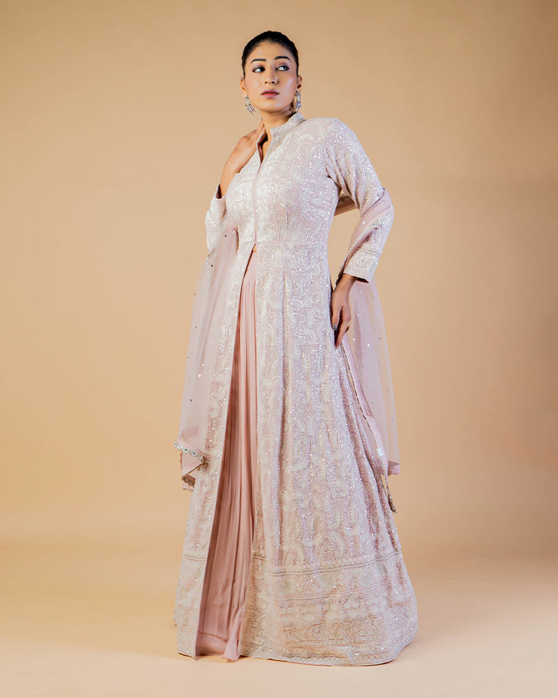 Pastel Pink Embroidered Anarkali With Skirt