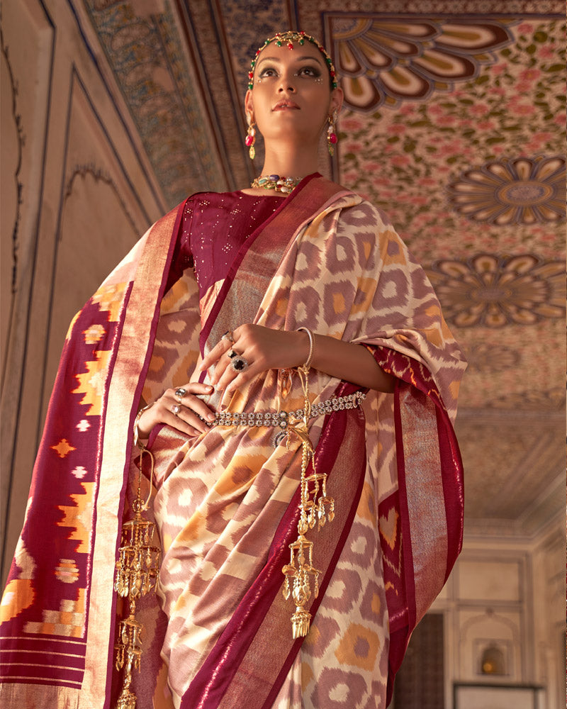 Light Maroon Ikat Pure Patola Printed Silk Saree With Contrast Pallu