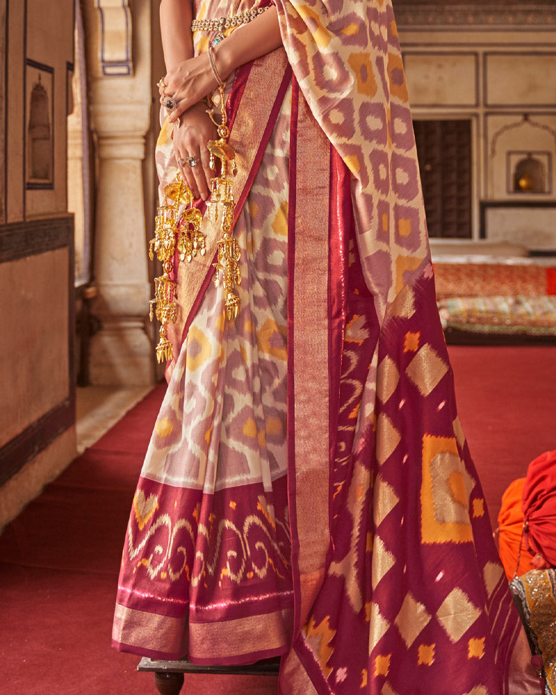 Light Maroon Ikat Pure Patola Printed Silk Saree With Contrast Pallu
