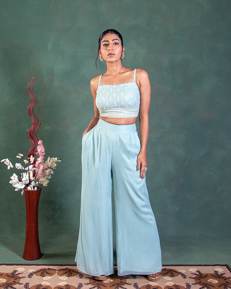 Pastel Sky Blue Crop Top with Jacket and Palazzo Pant