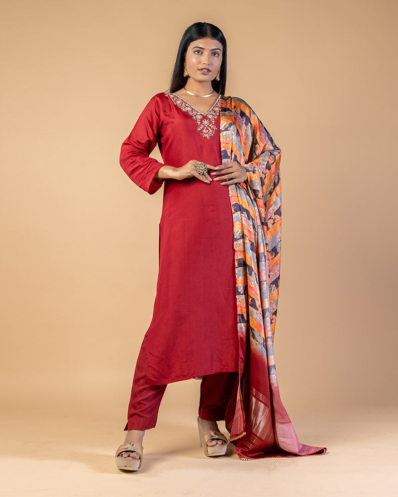 Red Satin Silk Kurta Pant With MultiColor Dupatta