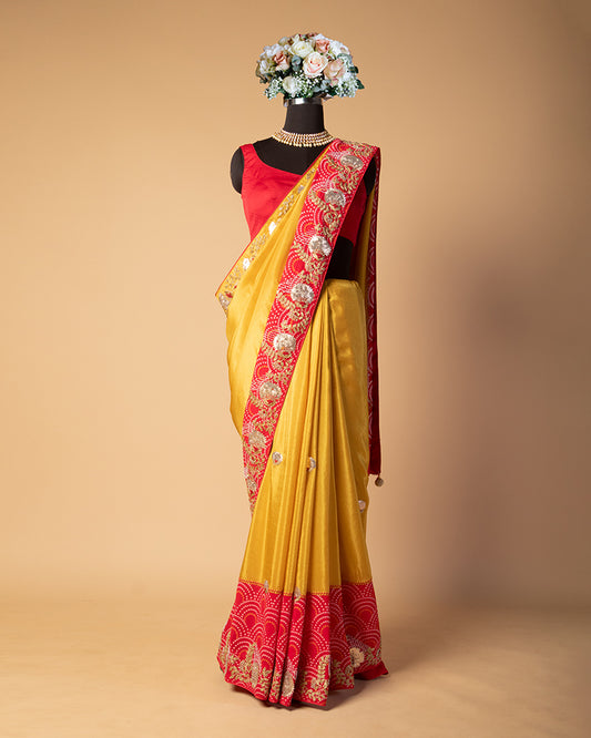 Saffron Yellow Handwoven Silk Saree With unstitched blouse