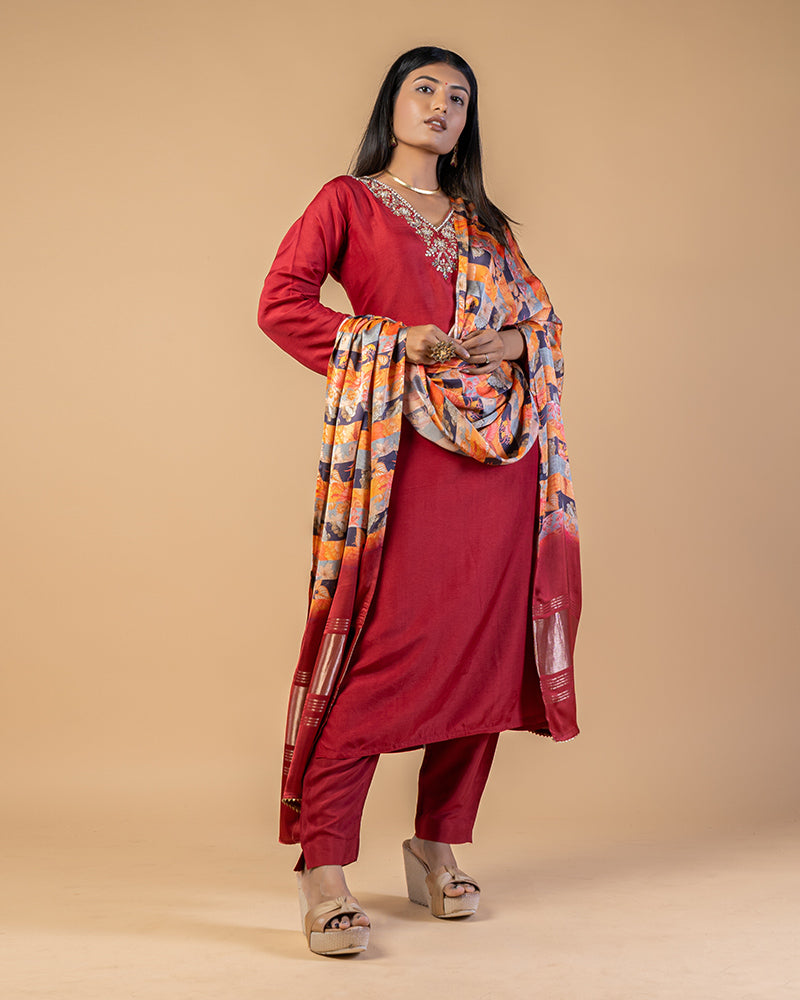 Red Satin Silk Kurta Pant With MultiColor Dupatta