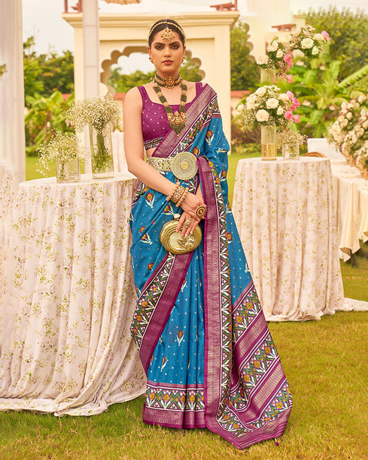 Sky Blue Saree With Printed Border Art in cotton silk with Unstitched Blouse