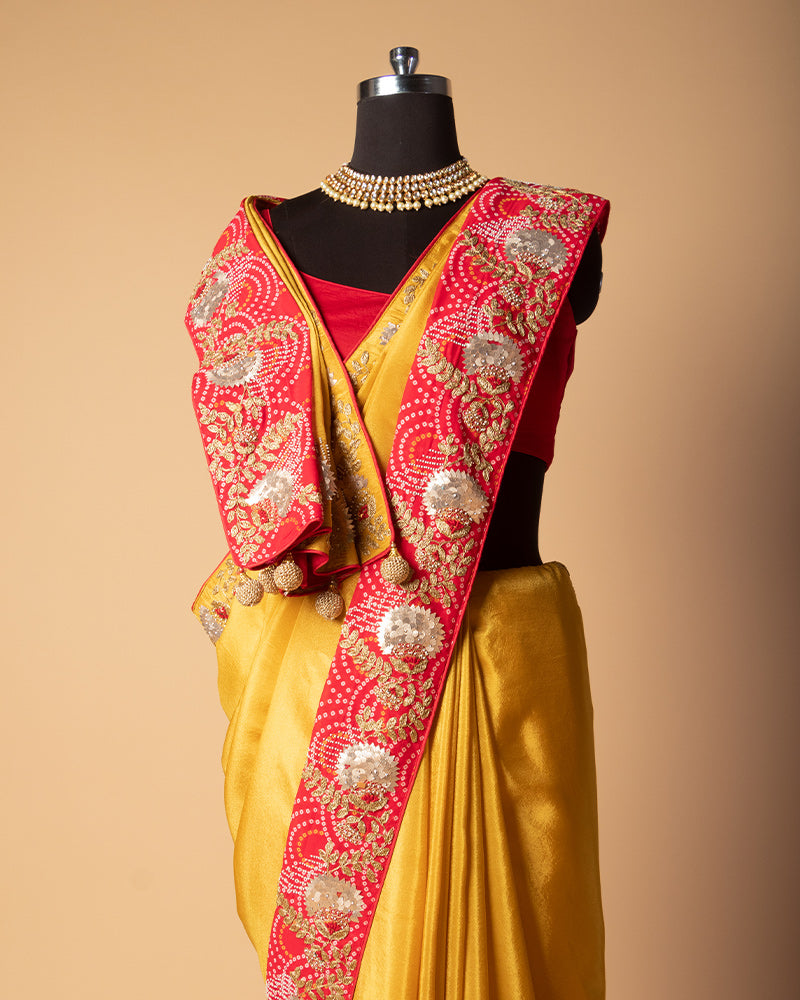 Saffron Yellow Handwoven Silk Saree With unstitched blouse