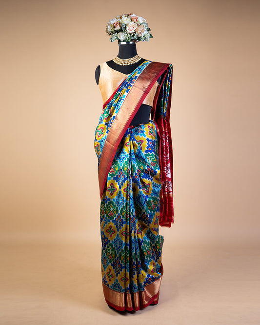Blue Silk Saree With  Ikat Weave Printed Pallu