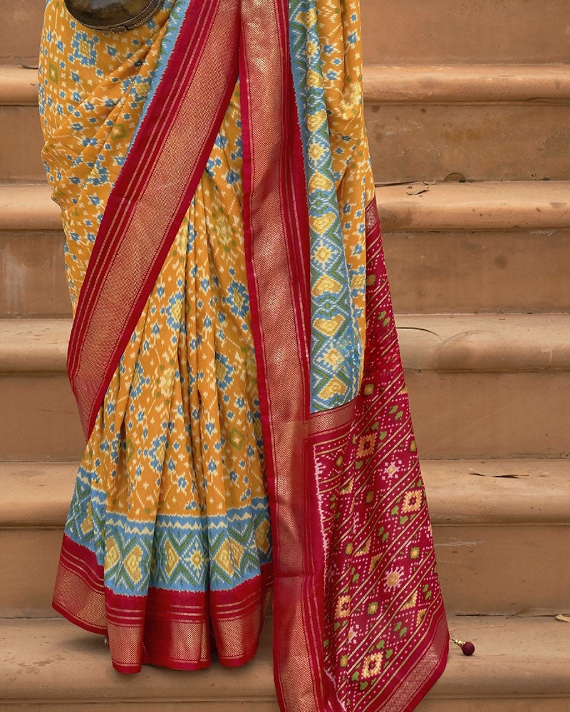 Ikkat Patola Pure Cotton Silk Saree in Mustard Yellow with Unstitched Blouse
