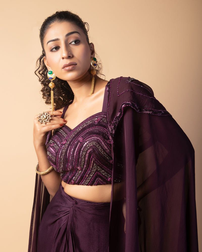 Wine Embroidered Blouse Skirt with Shrug Dupatta