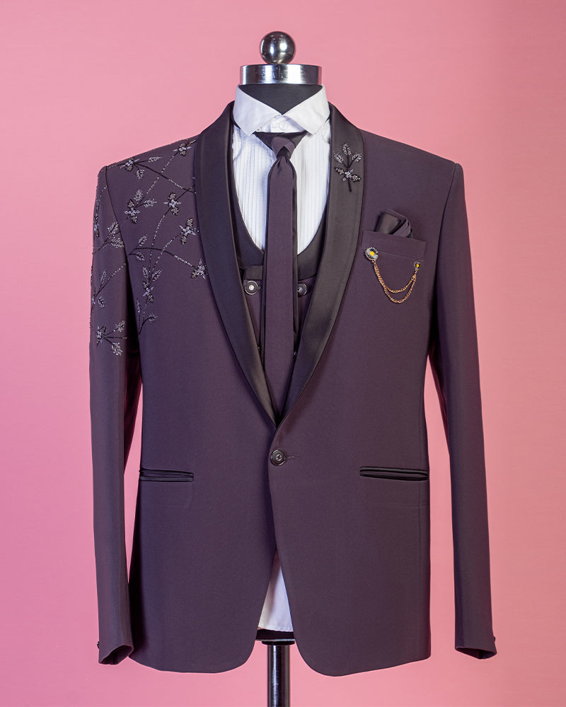 Plum Purple Plain Shimmer Tuxedo Suit
