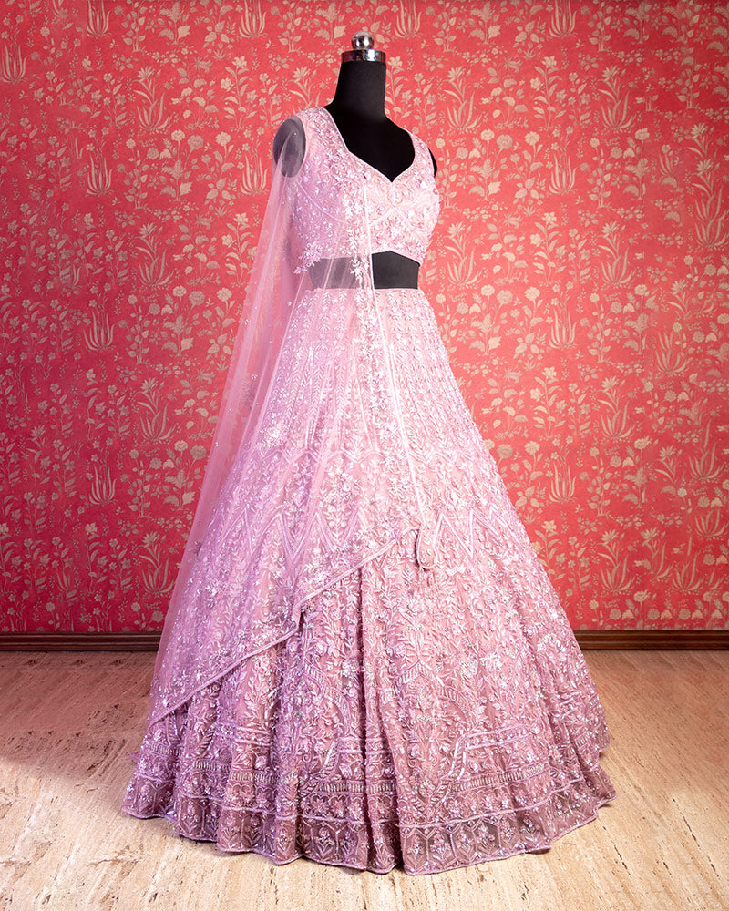 Blush Pink Sleeve Sequins Bridal lehenga choli for bride with dupatta