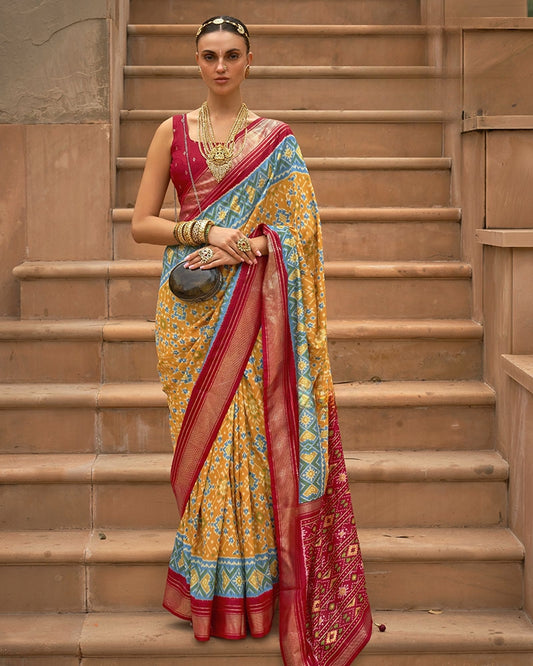 Ikkat Patola Pure Cotton Silk Saree in Mustard Yellow with Unstitched Blouse