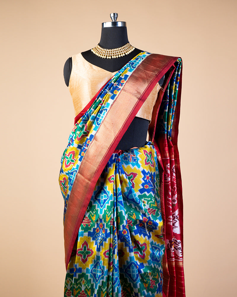 Blue Silk Saree With  Ikat Weave Printed Pallu