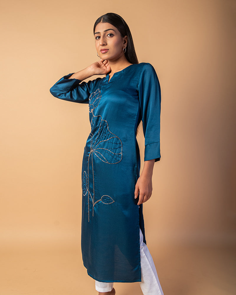 Navy Blue Floral Embroidered Satin Straight cut Kurti