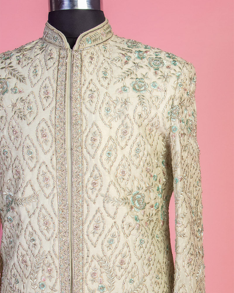 Pista Green Sherwani with Pyjama in Cotton