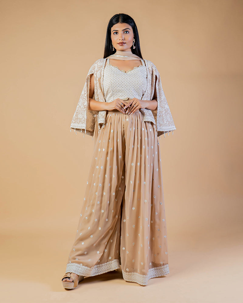 Sand Brown CropTop Palazzo With Embroidered Shrug And Dupatta