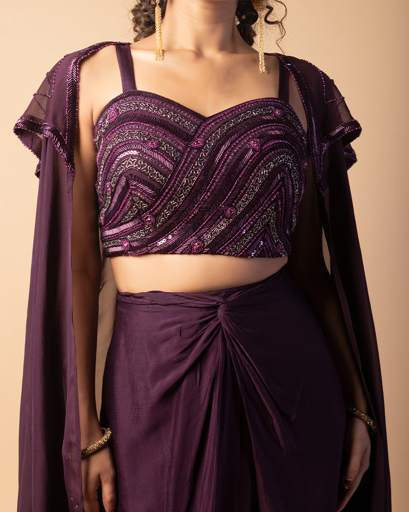 Wine Embroidered Blouse Skirt with Shrug Dupatta