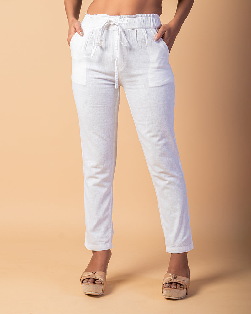 White Regular Fit Solid Pant For Women
