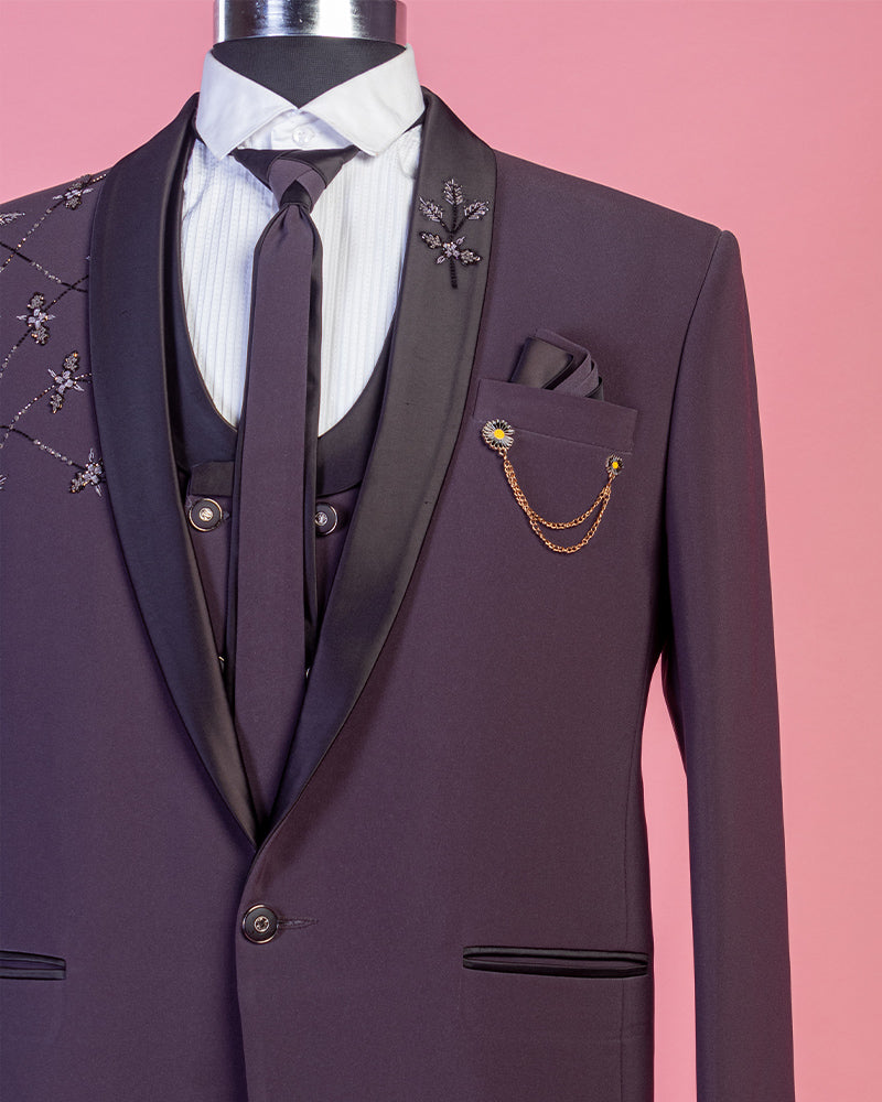 Plum Purple Plain Shimmer Tuxedo Suit