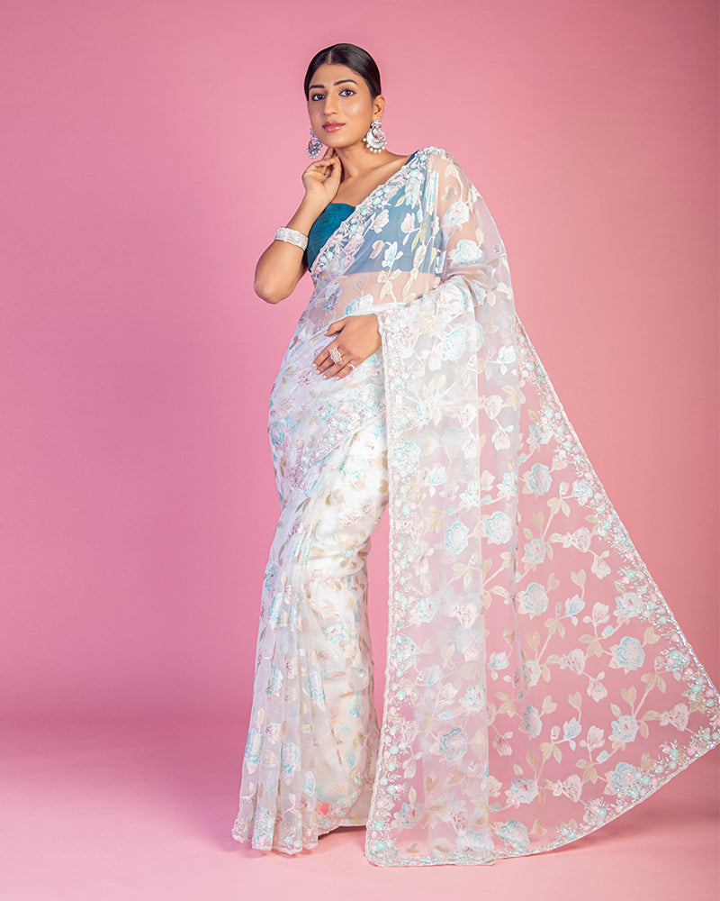 White Net Party wear Saree with Unstitched Blouse