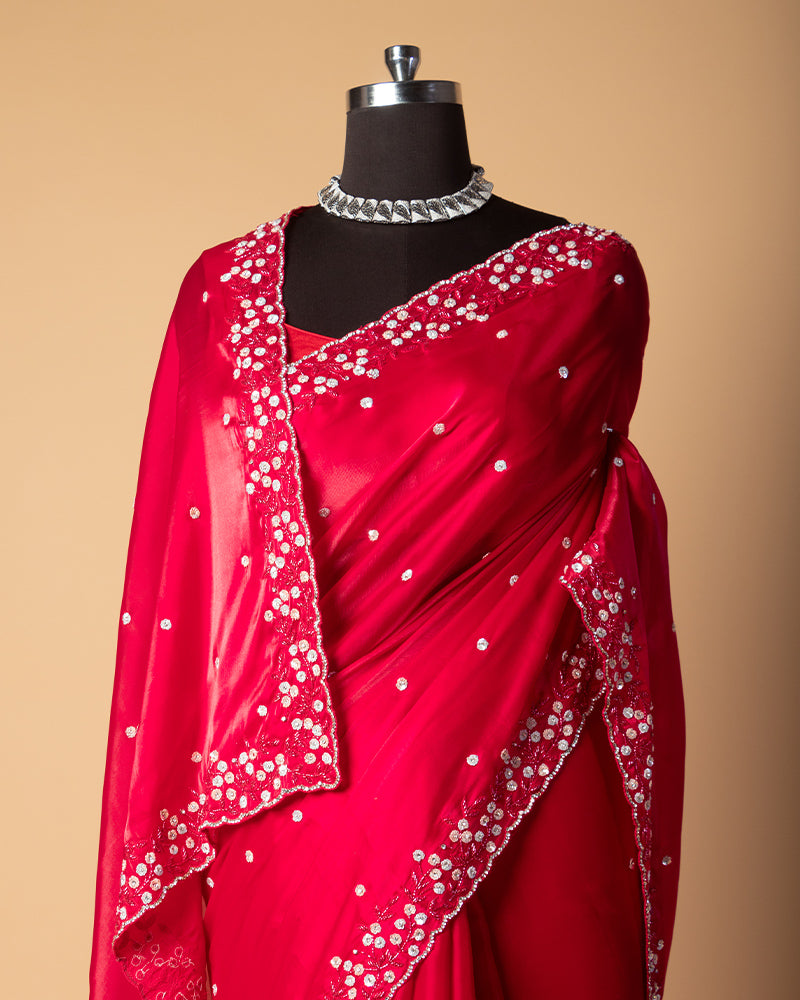 Cherry Red Handwoven Saree With unstitched blouse